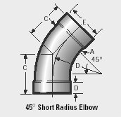 6" 14 ga. Stainless Steel Elbow, 45 x 9" CLR, with Expanded Ends